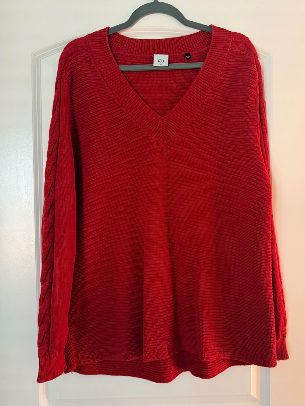 CAbi Bright Red V-Neck Cable Sleeve Sweater
